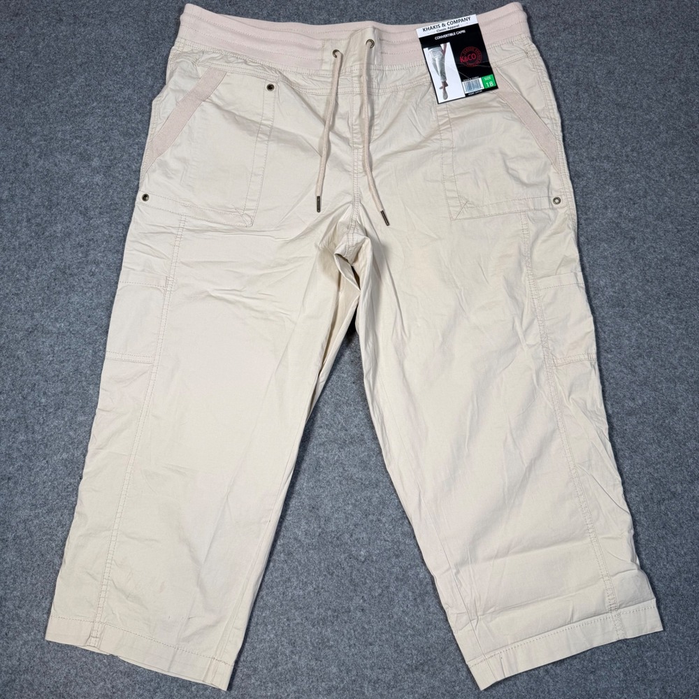 Khakis & Company Womens 18 Beige Convertible Capri Pants NWT Drawstring Utility